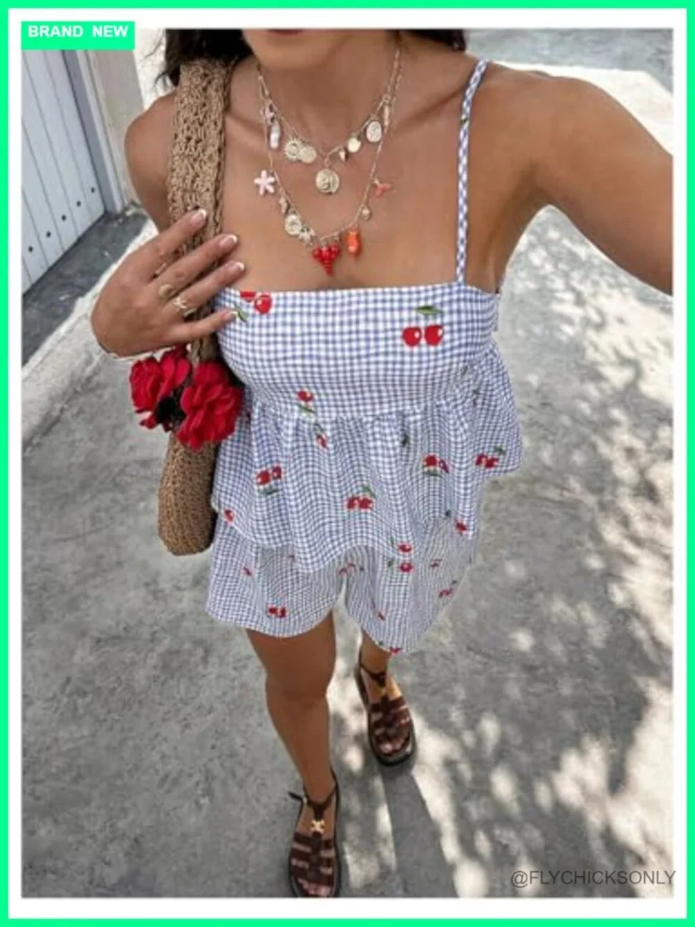 2 Piece Gingham Cherry Print Babydoll Camisole Shorts Set Summer Outfit